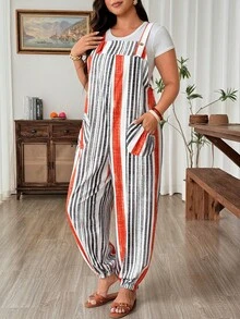 SHEIN LUNE CURVE Mono de verano casual holgado estilo francés vintage elegante para vacaciones y oficina con bolsillos estampado de rayas blanco integral formal para playa - Multicolor - Ver 4