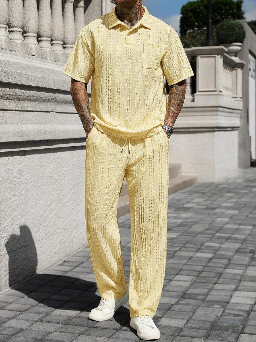 Manfinity CasualCool 男士 Polo 衫與長褲成熟休閒時尚套裝 - 黃色 - 查看 1