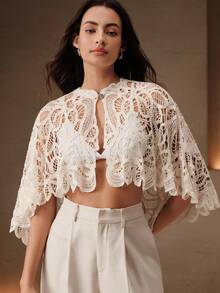 Anewsta Elegant Round Neck Hollow-Out Water-Soluble Crochet & Knit Cape 2 Pieces Women's Top - Apricot - View 5