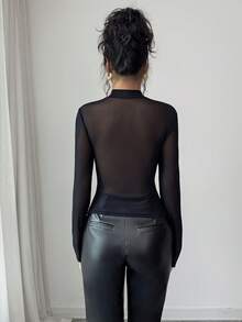 Selianne New Early Autumn Women Elegant Black Mesh Mock Neck Long Sleeve Slim Top With Inner Camisole, Figure-Hugging Design, Mature Hot Girl Style For Commute - Black - View 3