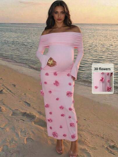 MaterniChic Pregnant Women's Pink  Decor Ruched Off-Shoulder Split Dress Baby Shower Gender Reveal Summer Elegant Fall