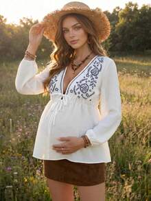 Boho Mama Camisa casual de maternidad con escote en V profundo, cordón, cintura elástica, manga larga, azul marino, para sesión de fotos, verano y otoño - Azul y blanco - Ver 2