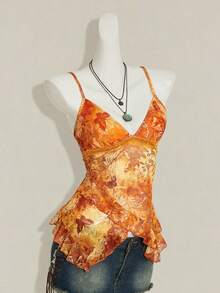 SHEIN ICON Débardeur à bretelles volanté imprimé floral de noix de cajou pour femmes, tenue de vacances pour femmes, tenue mignonne d'été pour le 4 juillet - Orange - Voir 6