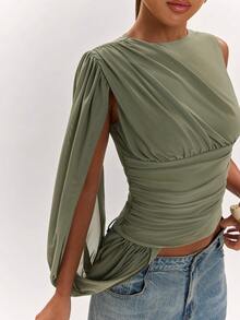 SHEIN BAE Women's Autumn Olive Green Elegant One-Shoulder Asymmetrical Ruched Puff Sleeve Top, Suitable For Commuting, Casual, Elegant, Ruched, Outing, Work, Mesh Knit - Army Green - View 7