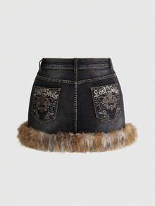 ROMWE Fairycore Rok Mini Denim Bulu Imitasi Motif Leopard Ukuran Besar dengan Bordir dan Hiasan Berlian Imitasi - Hitam - View 2