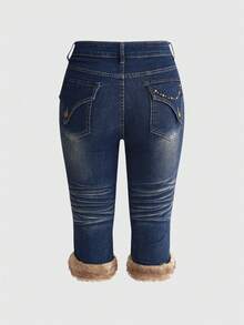 ROMWE Hippie Crown Rhinestone Gemstone Applique Furry Denim Plus Size Capri Pants - Blue - View 2