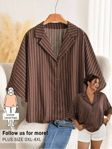 CosyJoli 女款大尺碼條紋休閒通勤五分袖時尚襯衫，杏色百搭上衣 - 咖啡棕 - 查看 2