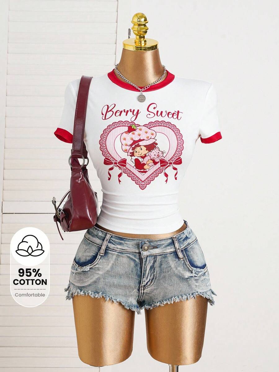 Strawberry Shortcake X SHEIN Women's Colorblock Crew Neck Short Sleeve Cropped T-Shirt, - White - View 1
