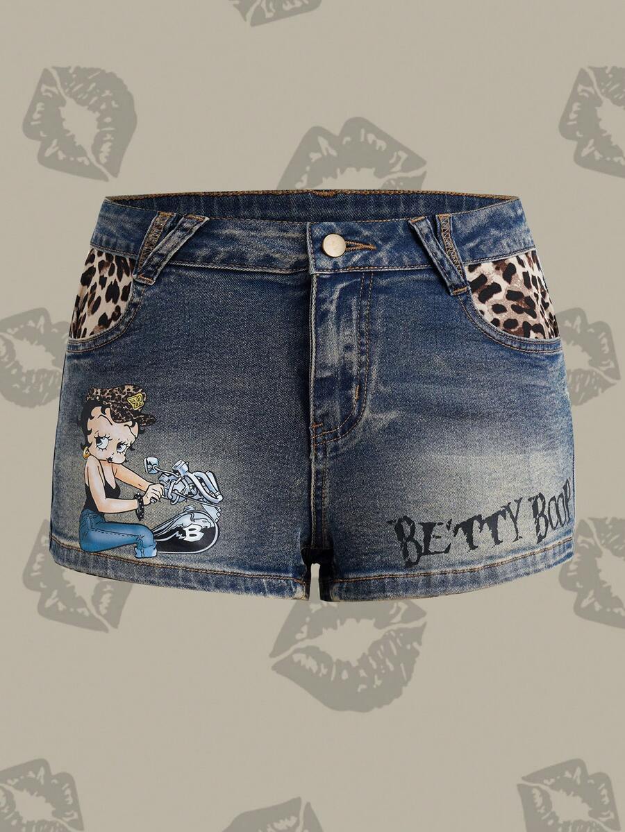 Betty Boop x SHEIN Women's Patchwork Leopard Print Pocket Fashion Denim Shorts - Blue - View 1