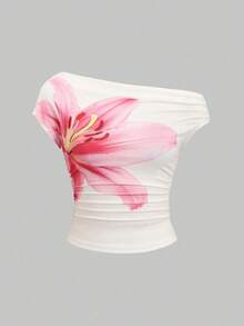 Elenzga Plus Size White Base Large Pink Lily Floral Print Off Shoulder Short Sleeve Ruched Fitted Crop Top Women Lightweight Summer Daily Going Out Casual Top - Multicolor - View 3