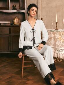 Côtesoire French Elegant Romantic Colorblock Lace Patchwork Contrast Tie Bow Comfortable Jacquard Woven Women's Pajama Set - White - View 3