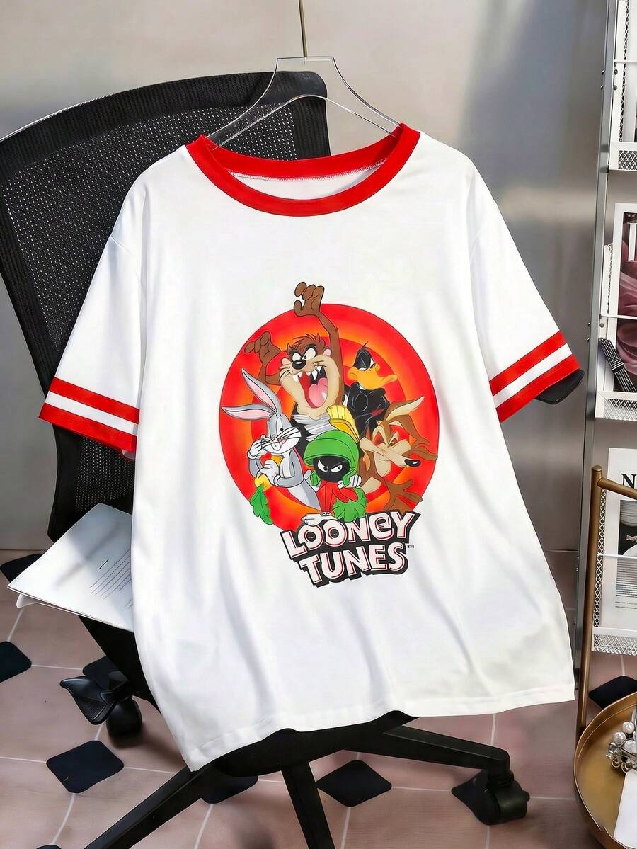 Flirla LOONEY TUNES X SHEIN Women's Casual Loose Cartoon Print Short Sleeve T-Shirt, Suitable For Leisure, Commuting, And Dating - Red and White - View 1
