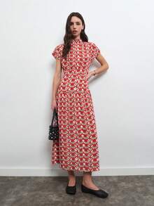 Nöista 紅色印花 A 字版型長洋裝，適合夏季、度假與休閒優雅造型 - 紅色 - 查看 6