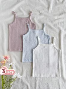 Vintaside Kids 3件組女嬰極簡基本款純白色提花設計細肩帶背心與長褲套裝，修身舒適剪裁，適合日常外出、學校活動、戶外玩耍、家庭聚會、拍照拍攝，夏季穿著 - 彩色 - 查看 3