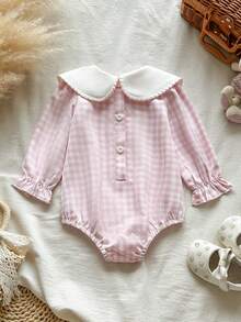SHEIN Vintaside Kids 女嬰田園風刺繡娃娃大領結蝴蝶結可愛荷葉邊鬆緊袖口長袖連身衣 秋季 - 粉色 - 查看 6