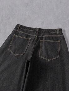 Manfinity Denimwave 男士高腰拼接毛邊印花彎腿牛仔長褲 - 黑色 - 查看 5