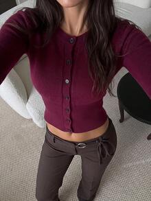 Autumina Women's Long Sleeve Sweet Casual Slim Fit Polar Fleece Cardigan - Burgundy - View 1