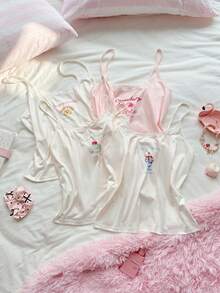 Slumberry CURVE Plus Size Women Sweet Cute Lace Camisole Dessert Ice Cream Cookie Print Knit Pajama Top 4pcs Set - Multicolor - View 1