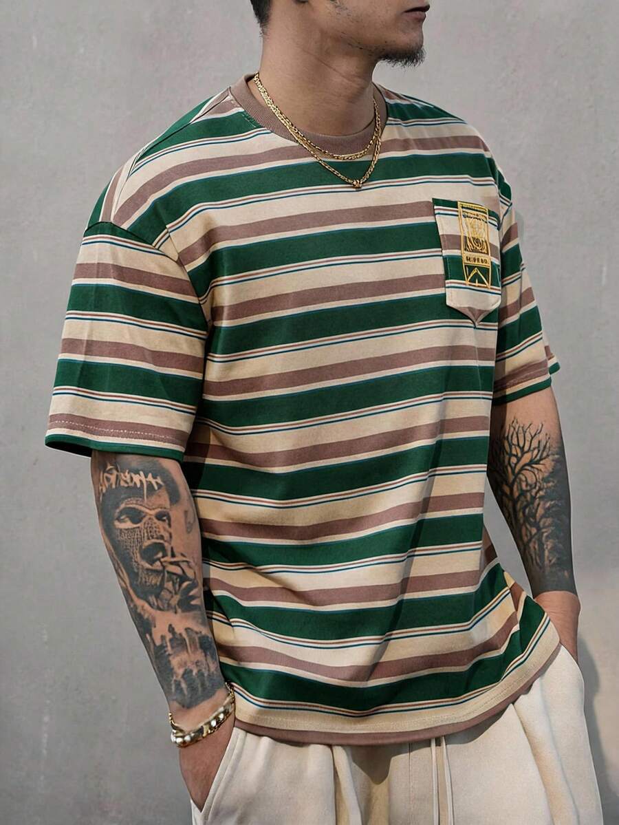 DAZY Camiseta de colaboración con diseño de bolsillo de rayas en el pecho para hombre, de verano - Multicolor - Ver 1