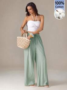 SHEIN Tall Celana Panjang Kasual Polos dengan Pinggang Elastis dan Tali Serut, Motif Jacquard Tenun 100% Katun, Potongan Lebar. - Hijau - View 5