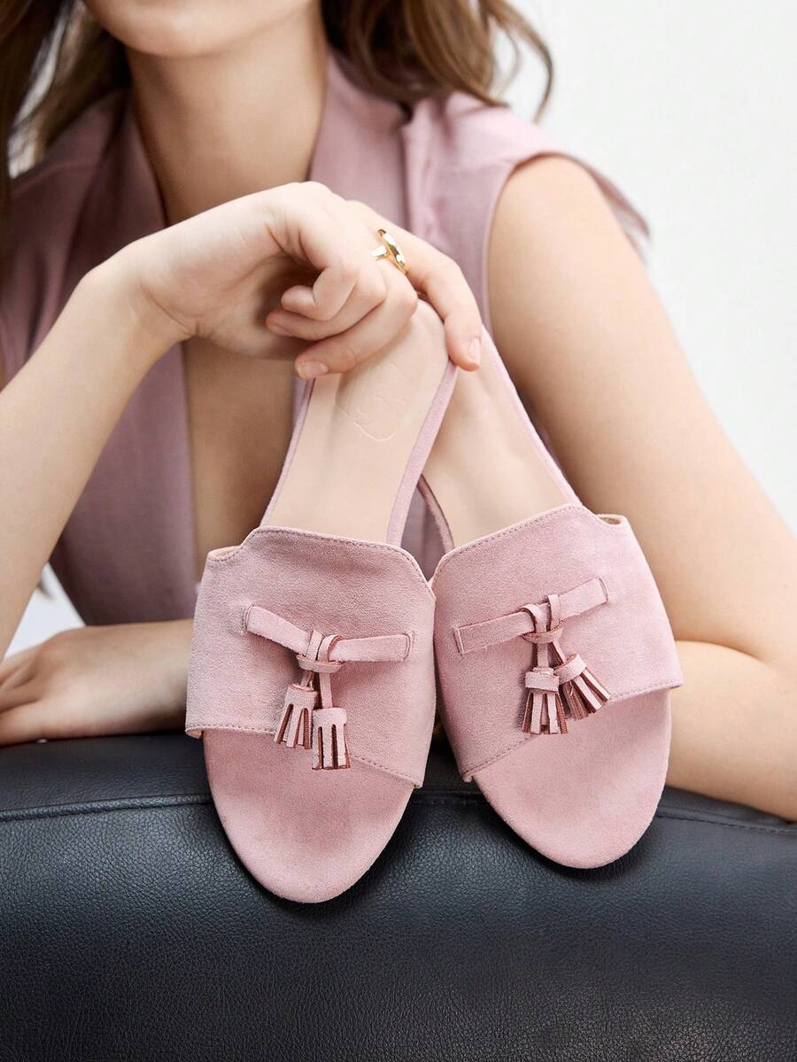 CUCCOO BIZCHIC 女款淺粉色麂皮質感經典平底拖鞋,舒適百搭,適合夏季通勤與辦公穿著 - 粉色2 - 查看 1