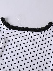 Tween Girls T-Shirt Set, Asymmetrical Shoulder, Lace Patchwork, White, Polka Dot, Short Sleeve T-Shirt + Long Pants 2 Pieces Set - White - View 8