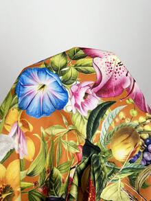 LOTSLUV 女款夏季度假橘色熱帶花鳥滿版印花對比滾邊圓領無袖上衣長褲兩件套，橘色2件套 - 棕色 - 查看 8