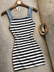 Resyla Women's Striped Colorblock Tank Mini Dress, Printed Sleeveless Pencil Bodycon Dress, Y2K Style Casual Nightclub Outfit, Women's U-Neck Sleeveless Striped Tight Dress, Printed Slim Fit Short Dress, Y2K Retro Striped Colorblock Spaghetti Strap Dress, Printed Waist-Cinching Tight Mini Nightclub Dress - Multicolor - View 2