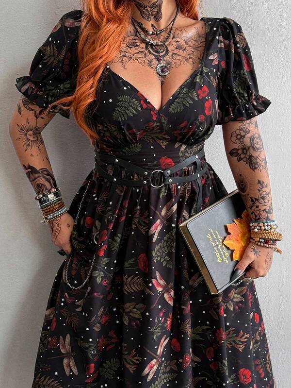 Whyspr Plus Size Women Floral Print Pleated Casual Party Dress