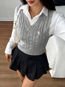 SHEIN PETITE 女款騎士圖案麻花編織V領休閒背心 - 淺灰色 - 查看 7