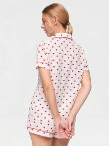 Bonmuse 2pcs Comfortable Heart Print Pajama Set, Short Sleeve Collared Top With Pocket And Bow Shorts, Women Sleepwear Homewear For All Seasons - White - View 2