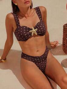 Swim Chiccia Swim Vcay-D 女款春夏隨機印花粗肩帶金屬裝飾度假泳衣套裝 - 杏色 - 查看 3