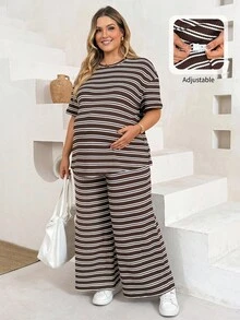 Plussiva Plus Size Maternity Striped Short Sleeve Top And Adjustable Waist Long Pants Casual Daily 2 Pieces Set Post Partum Lounge Summer - Brown - View 1