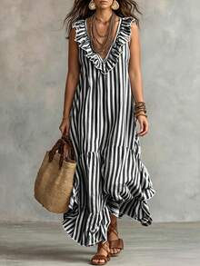SHEIN LUNE CURVE Plus Size Black And White Fashion Sleeveless Casual Boho Bohemian Daily Women's Maxi Dress Vacation Beach Summer - Multicolor - View 1