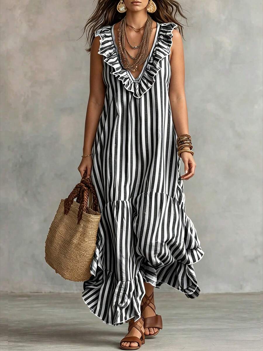 SHEIN LUNE CURVE Plus Size Black And White Fashion Sleeveless Casual Boho Bohemian Daily Women's Maxi Dress Vacation Beach Summer - Multicolor - View 1