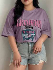 Dazy Plus Kaos Kasual Longgar Leher Bulat dengan Cetakan Huruf Grafis untuk Anak Perempuan, Atasan Lucu Musim Semi/Panas, Kaos Oversize untuk Wanita - Dusty Purple - View 3