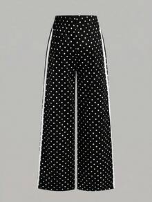 SHEIN Tween女孩休閒時尚舒適針織復古黑白波點印花拼接白色織帶運動長褲，針織拼接寬鬆短褲，粉絲周邊，賽事穿搭，夏季度假，音樂節，節日季 - 黑與白 - 查看 2