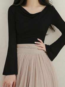 DAZY Women's Solid Color Cowl Neck Flare Sleeve Fashion T-Shirt Fall - Black - View 3