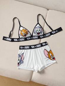TOM & JERRY X SHEIN 女款可愛舒適卡通印花細肩帶上衣與短褲套裝 - 白色 - 查看 3