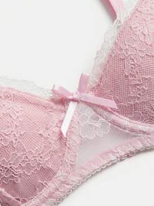 lacRébo Light Pink Lace Underwire Bra And Thong Lingerie Set With Bow Straps Detail Cute Romantic - Baby Pink - View 9