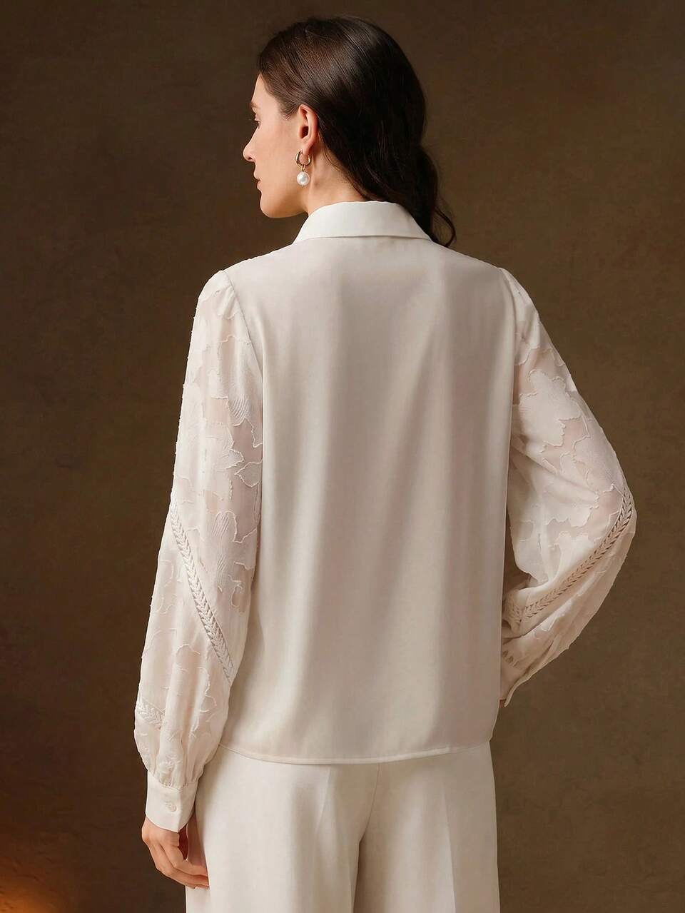 Anewsta Fashionable Elegant Chiffon Patchwork Cut-Out Textured Fabric Lapel Long Sleeve Patchwork Hollow Floral Lace Apricot Women's Blouse