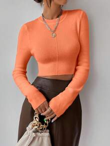 SHEIN Raffinéa Suéter de manga larga con cuello redondo de unicolor cómodo para el uso diario Y2K - Naranja Coral - Ver 5