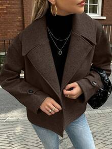 EMERY ROSE Women's Large Lapel Decorative Button Long Sleeve Wool Coat - Coffee Brown - View 6