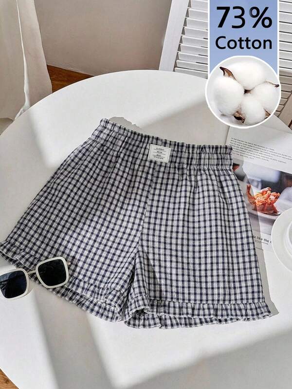 Comfortcana Women's 73% Cotton Blue & White Plaid Casual Home Shorts, Clean Girl Style