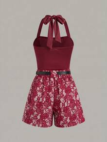 Selianne Women's Fashion Solid Color Halter Tie Tank Top And Lace Ruffle Shorts Set - Burgundy - View 2