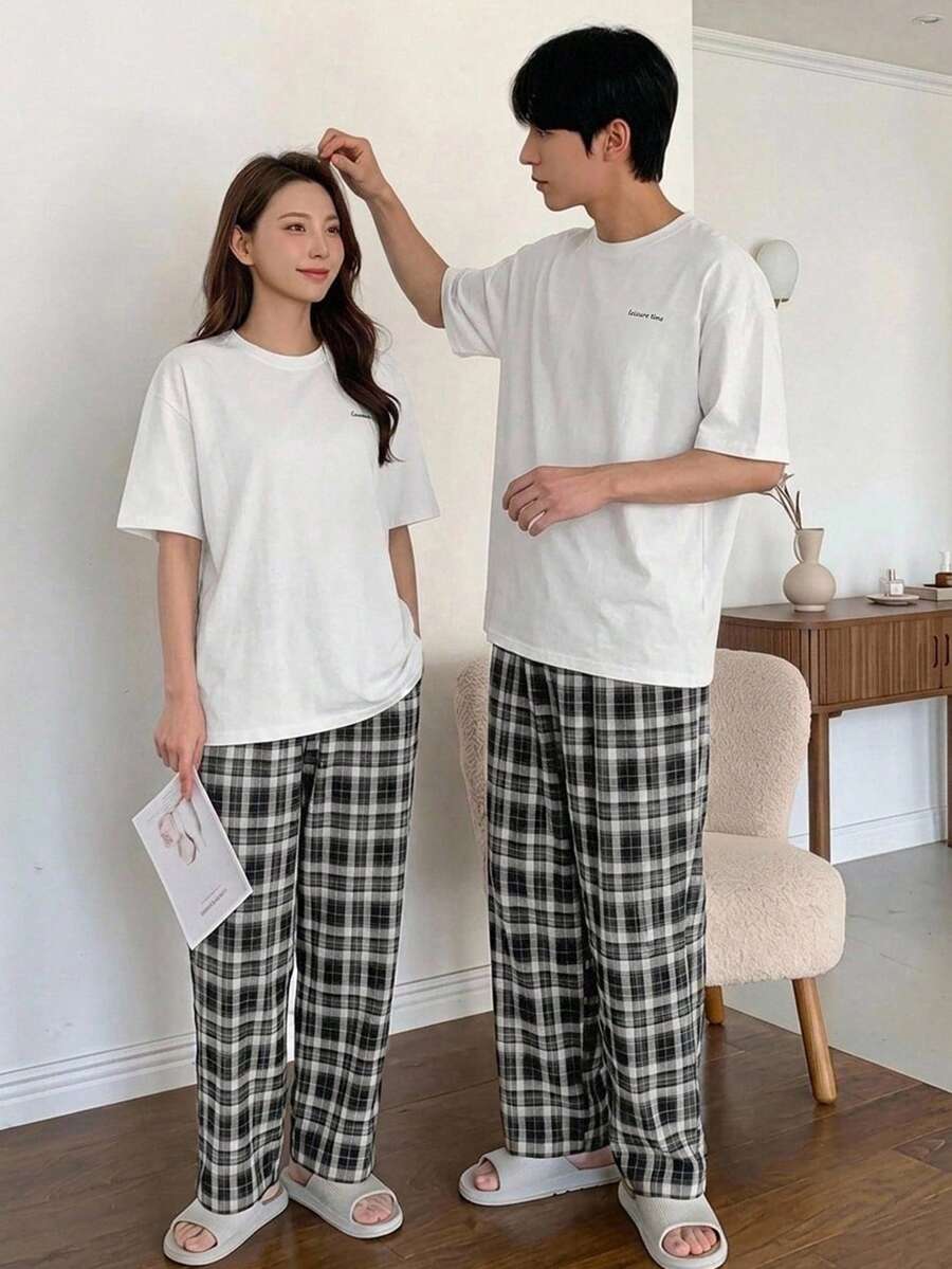 DAZY 夏季字母印花T恤和格子裤男士家居服套装睡衣 - 白色 - 查看 1