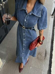 DAZY Women's Loose Casual Long Denim Short Sleeve Dress, Summer - Blue - View 5