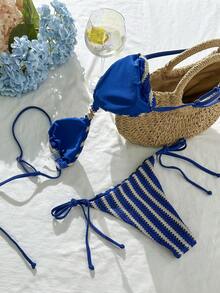 Swim SXY-D 女士蓝白条纹提花面料细肩带金属装饰比基尼套装，春夏款 - 藍白色 - 查看 2