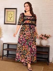 Lacomfia 大尺碼女款寬鬆花卉印花方領短袖長洋裝，蕾絲飾邊設計，適合日常穿著與茶會場合 - 彩色 - 查看 6