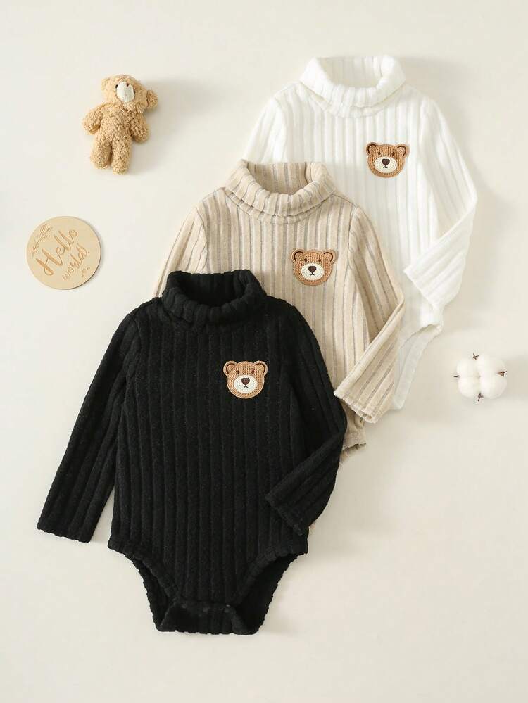 Baby Boy Cartoon Bear Patch Knit Soft Round Neck Long Sleeve Bodysuit 3pcs Pieces Set Autumn/Winter - Multicolor - View 5